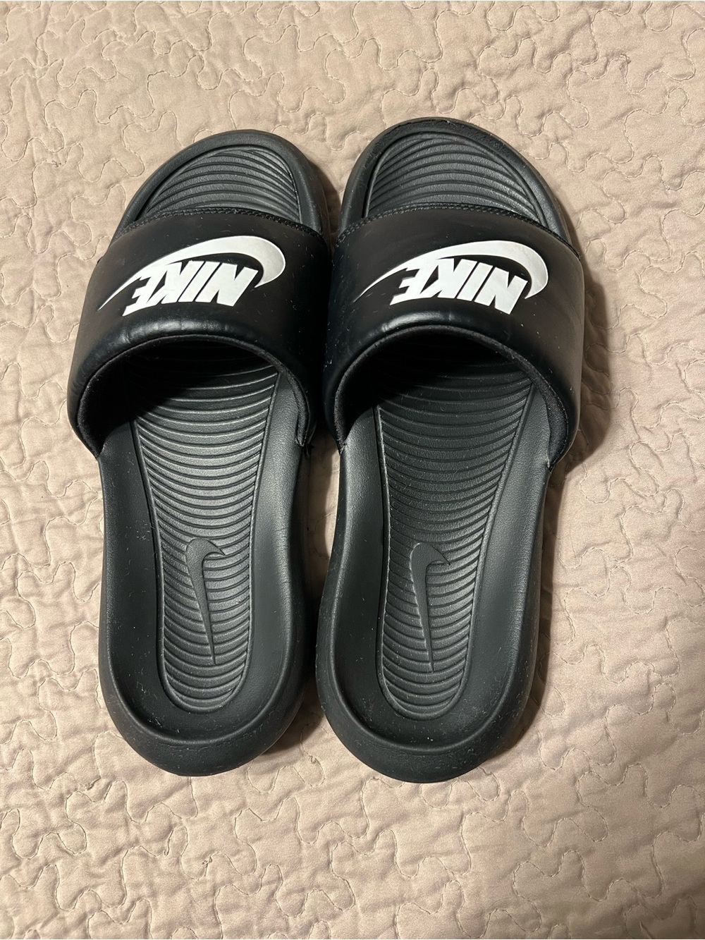 Nike Women's Black Slide Sandals with White Swoosh
